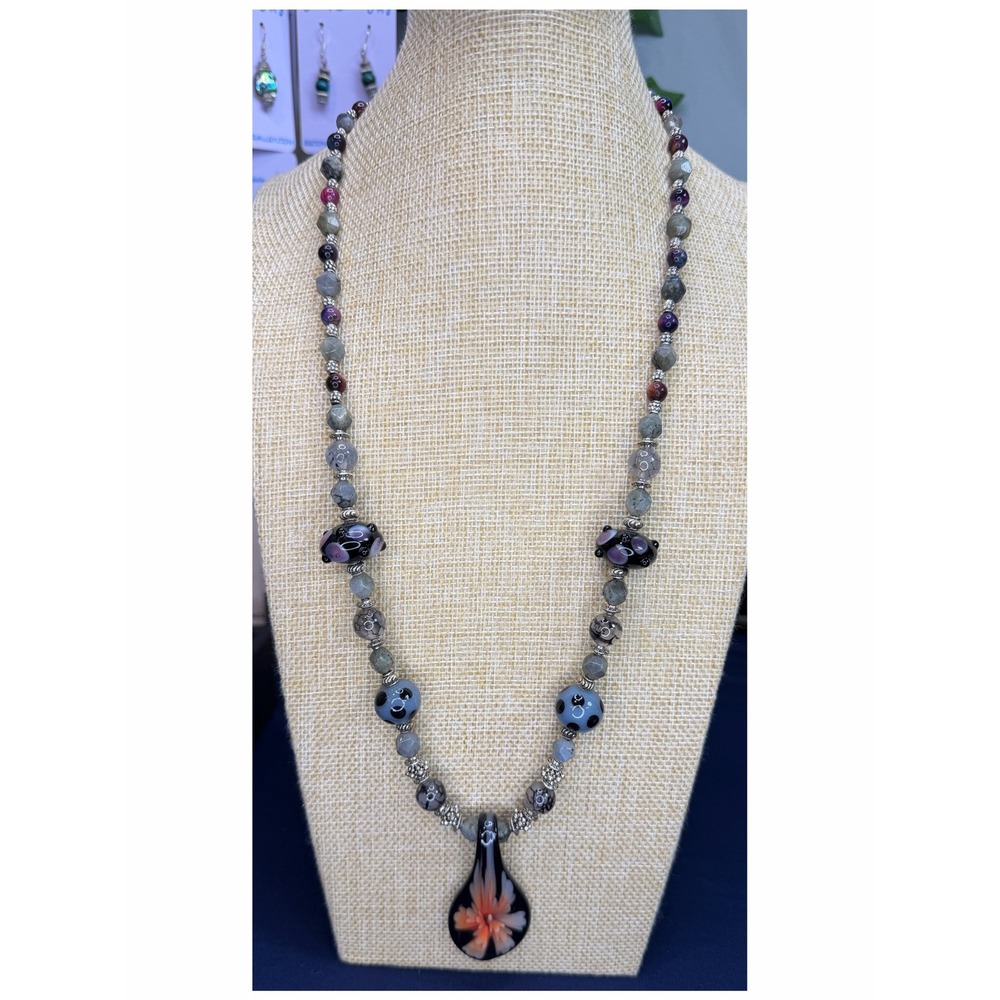 Artisan Lampwork Glass Flower Pendant Necklace Labradorite Beaded Toggle Clasp